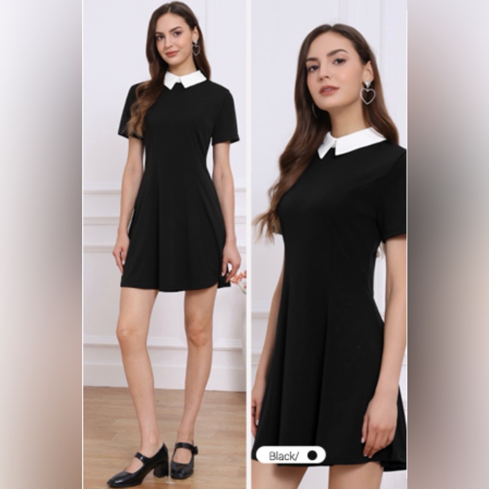 Allegra K Black Mini Dress with White Collar